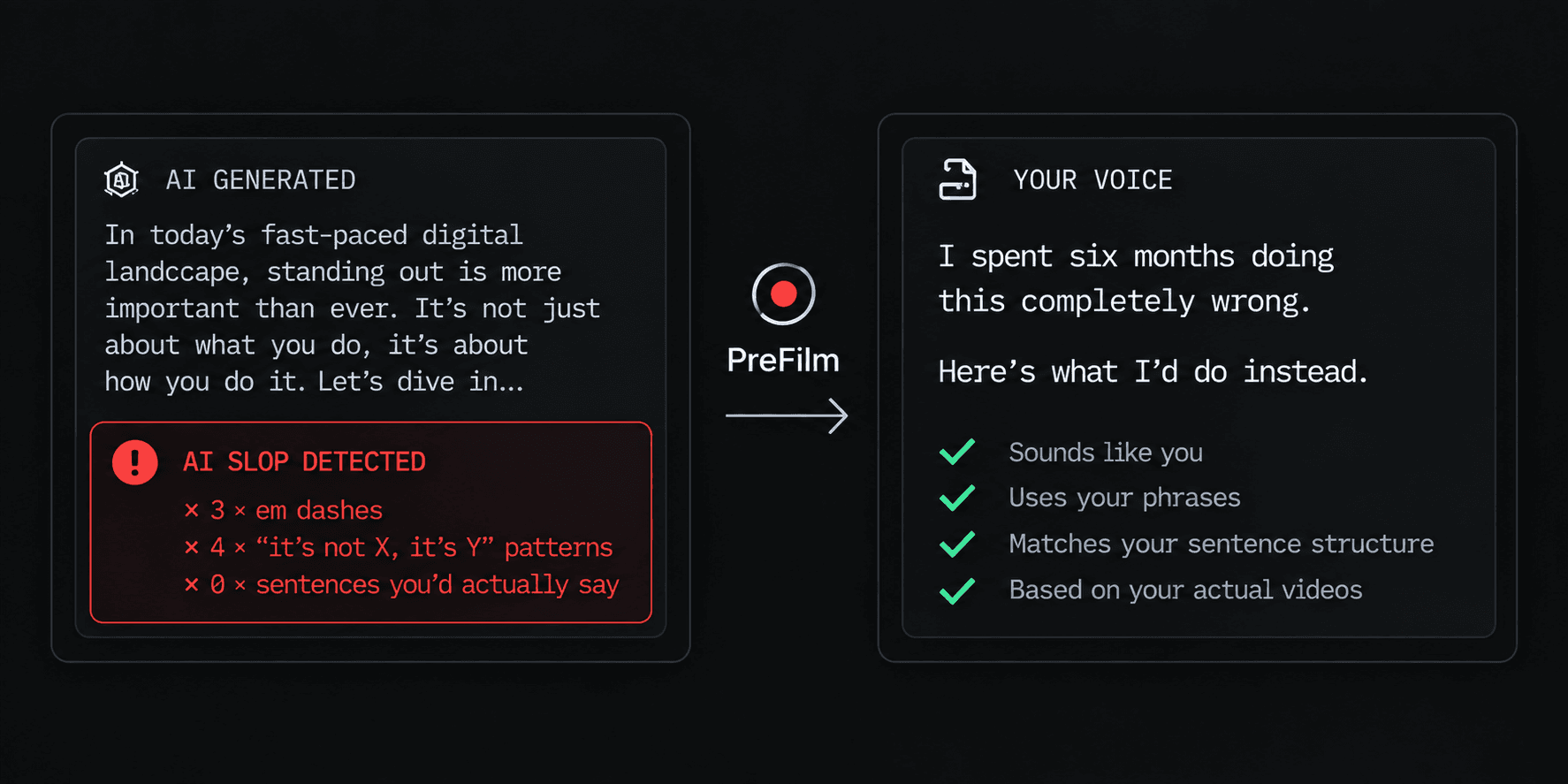 A script paragraph written by a model with its AI tells flagged, beside the same point written in the founder's own voice.